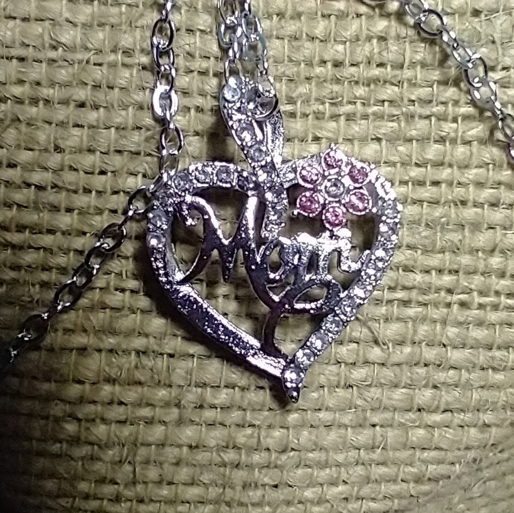 Silvertone rhinestone pink flower floral mom mother's day necklace